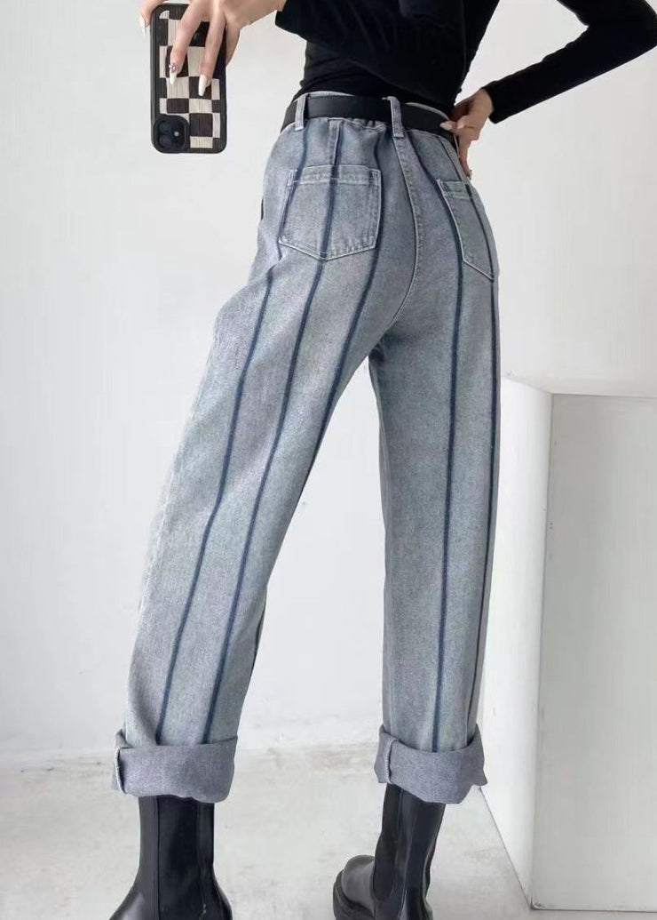 Fashion Blue High Waist Striped Patchwork Jeans Spring