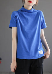 Fashion Blue Hign Neck Patchwork Cotton Top Half Sleeve