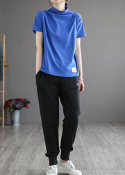 Fashion Blue Hign Neck Patchwork Cotton Top Half Sleeve