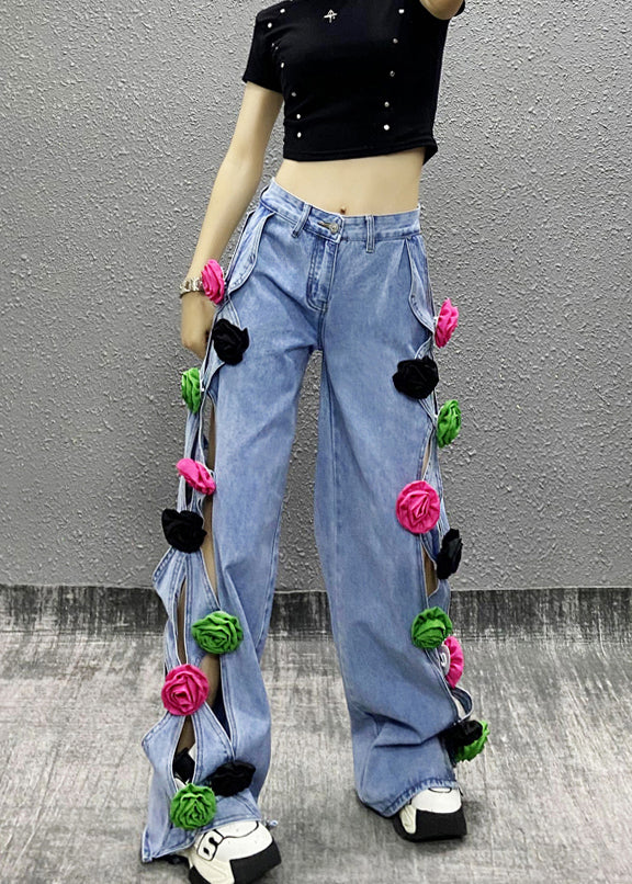 Fashion Blue Hollow Out Floral Patchwork Denim Pants Spring