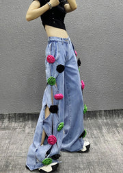 Fashion Blue Hollow Out Floral Patchwork Denim Pants Fall