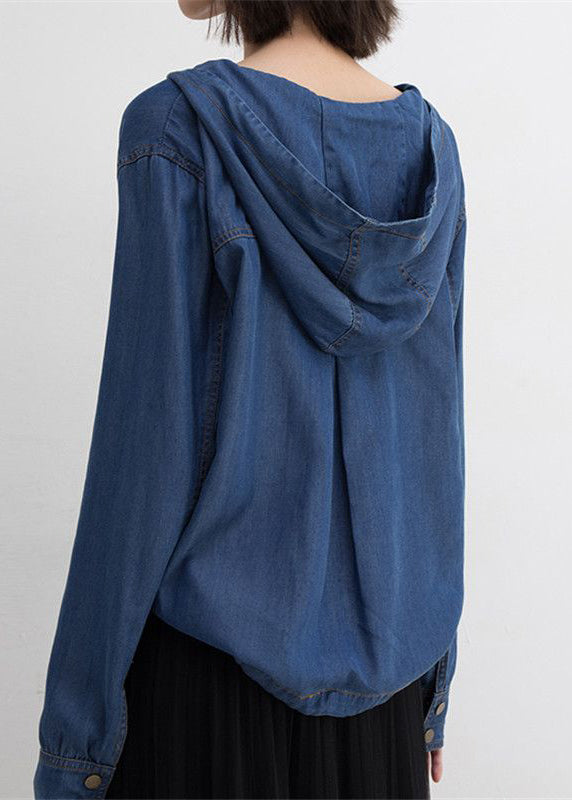 Fashion Blue Hooded Lace Up Denim Shirt Tops Long Sleeve