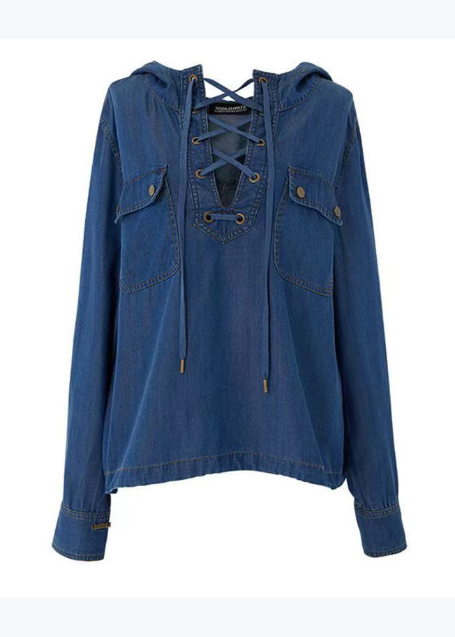 Fashion Blue Hooded Lace Up Denim Shirt Tops Long Sleeve