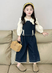 Fashion Blue Kids Denim Waistcoat Shirts And Crop Pants Three Pieces Set Spring