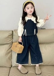 Fashion Blue Kids Denim Waistcoat Shirts And Crop Pants Three Pieces Set Spring