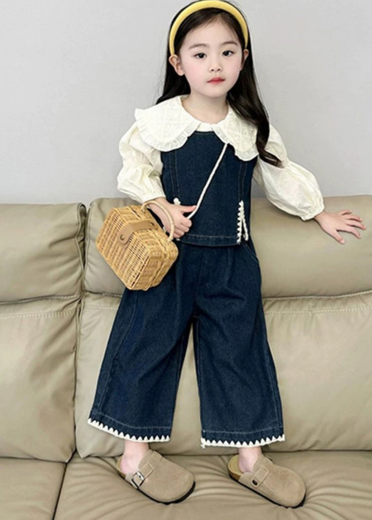 Fashion Blue Kids Denim Waistcoat Shirts And Crop Pants Three Pieces Set Spring