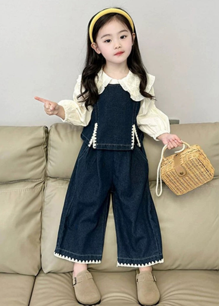 Fashion Blue Kids Denim Waistcoat Shirts And Crop Pants Three Pieces Set Spring