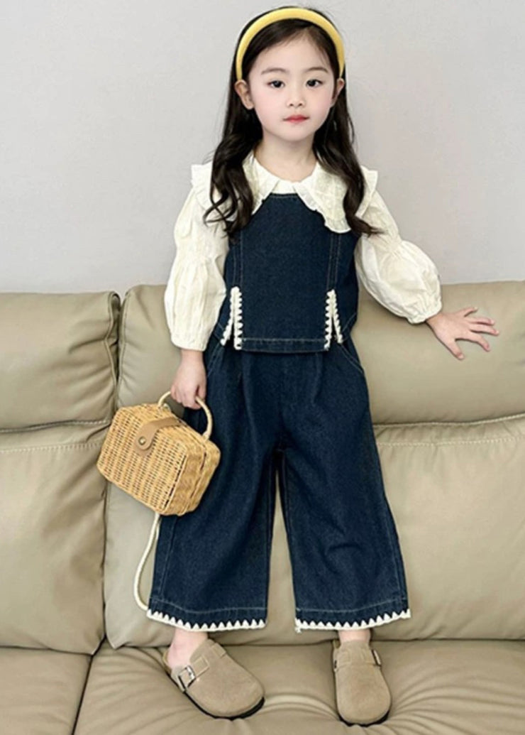 Fashion Blue Kids Denim Waistcoat Shirts And Crop Pants Three Pieces Set Spring