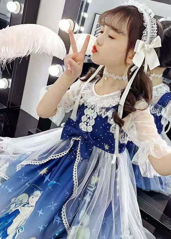 Fashion Blue Lace Patchwork Tulle Kids Long Dress Short Sleeve