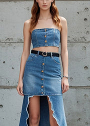 Fashion Blue Low High Design Patchwork Denim Skirts Spring