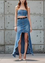 Fashion Blue Low High Design Patchwork Denim Skirts Spring