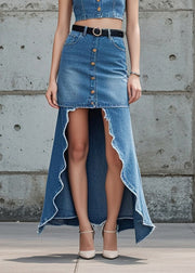 Fashion Blue Low High Design Patchwork Denim Skirts Spring