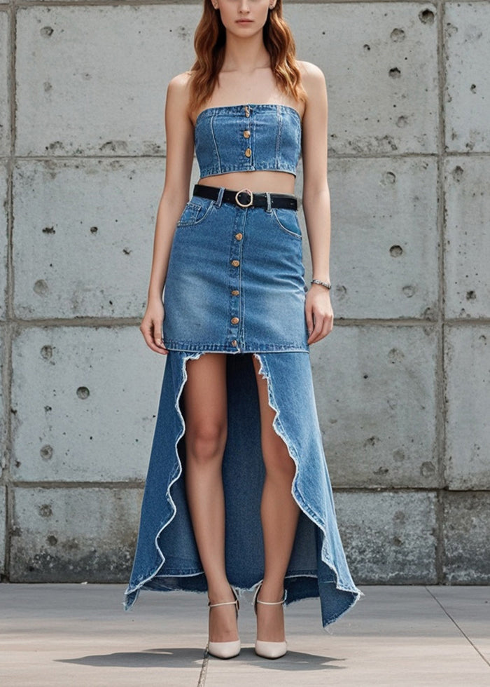 Fashion Blue Low High Design Patchwork Denim Skirts Fall