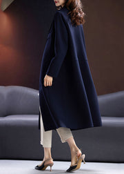 Fashion Blue Notched Button Pockets Long Coats Fall