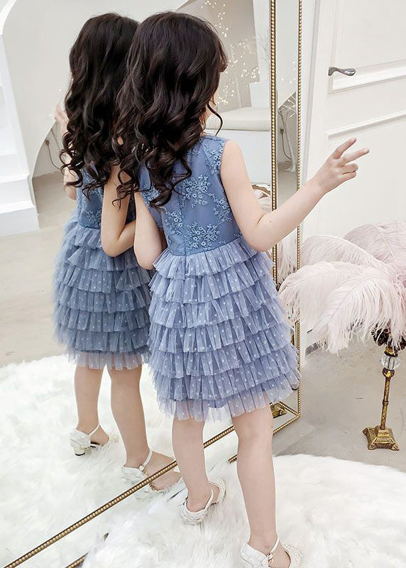 Fashion Blue O-Neck Embroidered Dot Patchwork Tulle Girls Party Mid Dress Sleeveless