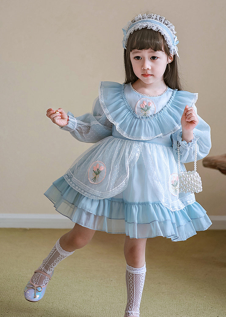 Fashion Blue O-Neck Nail Bead Patchwork Tulle Kids Mid Dresses Spring