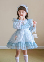 Fashion Blue O-Neck Nail Bead Patchwork Tulle Kids Mid Dresses Spring