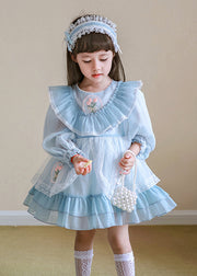 Fashion Blue O-Neck Nail Bead Patchwork Tulle Kids Mid Dresses Spring