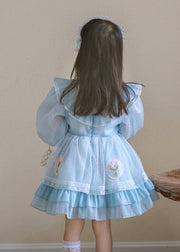 Fashion Blue O-Neck Nail Bead Patchwork Tulle Kids Mid Dresses Spring