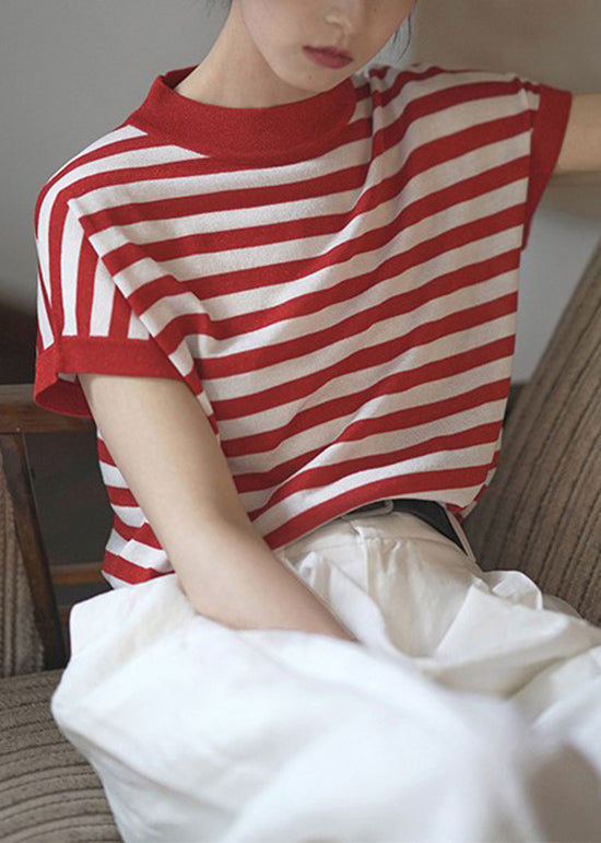 Fashion Blue O Neck Striped Cotton T Shirts Top Summer