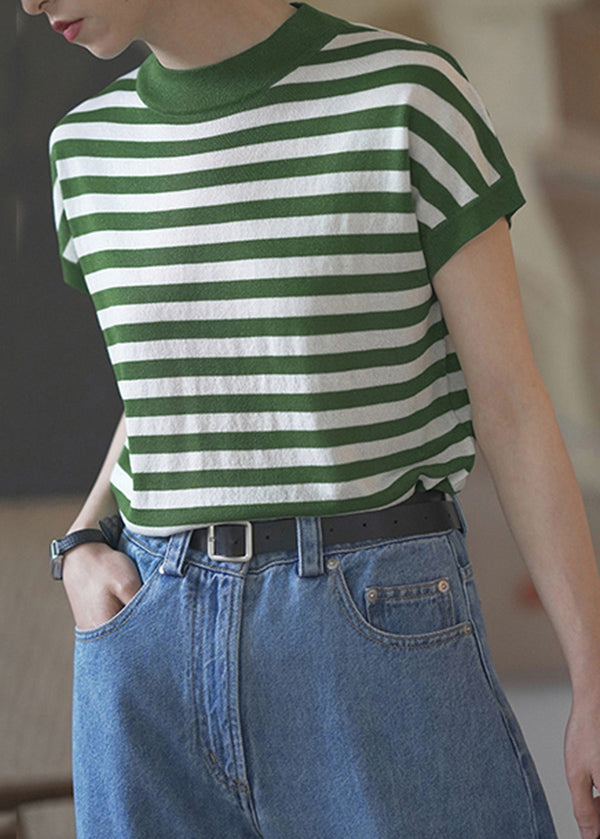 Fashion Blue O Neck Striped Cotton T Shirts Top Summer