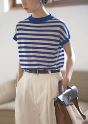 Fashion Blue O Neck Striped Cotton T Shirts Top Summer