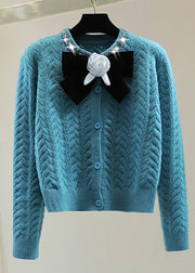 Fashion Blue O-Neck Zippered Bow Thick Cable Cotton Knit Sweaters Winter