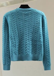 Fashion Blue O-Neck Zippered Bow Thick Cable Cotton Knit Sweaters Winter