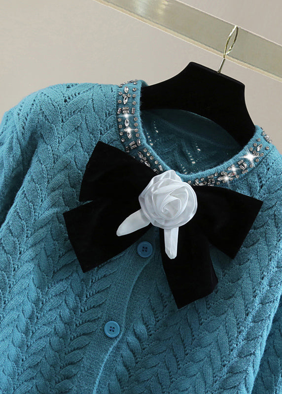 Fashion Blue O-Neck Zippered Bow Thick Cable Cotton Knit Sweaters Winter