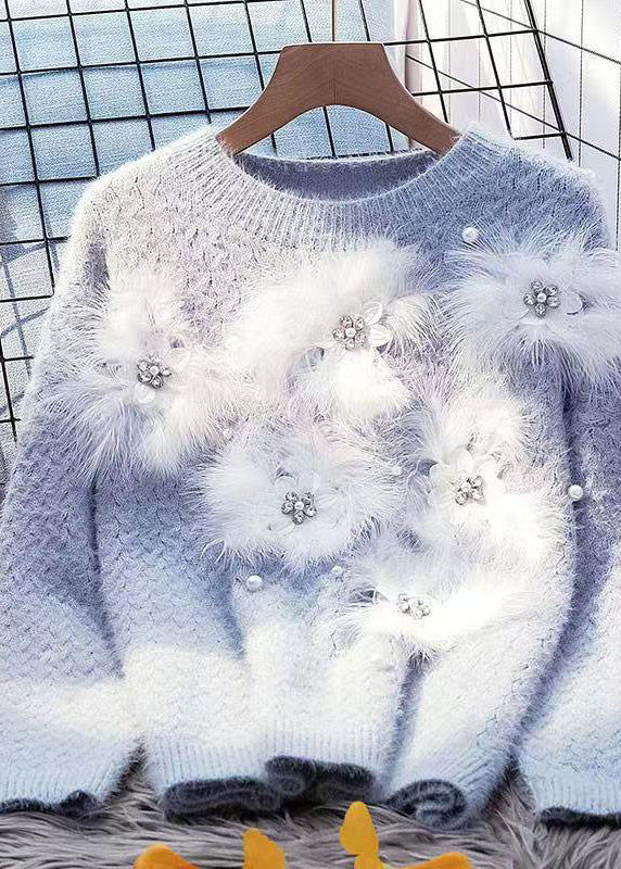 Fashion Blue O-Neck Zircon Mink Hair Patchwork Thick Cotton Knit Sweater Winter