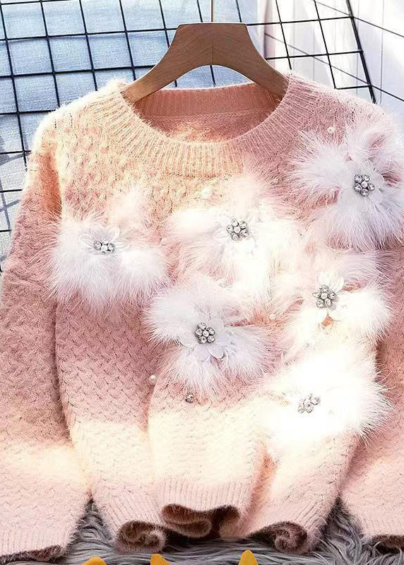 Fashion Blue O-Neck Zircon Mink Hair Patchwork Thick Cotton Knit Sweater Winter