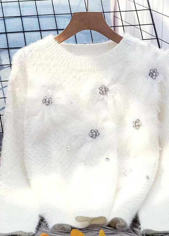 Fashion Blue O-Neck Zircon Mink Hair Patchwork Thick Cotton Knit Sweater Winter