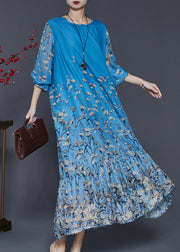 Fashion Blue Oversized Floral Silk Beach Dress Spring