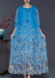 Fashion Blue Oversized Floral Silk Beach Dress Spring