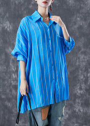 Fashion Blue Oversized Striped Cotton Shirt Tops Summer