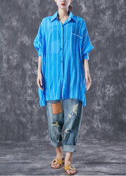 Fashion Blue Oversized Striped Cotton Shirt Tops Summer