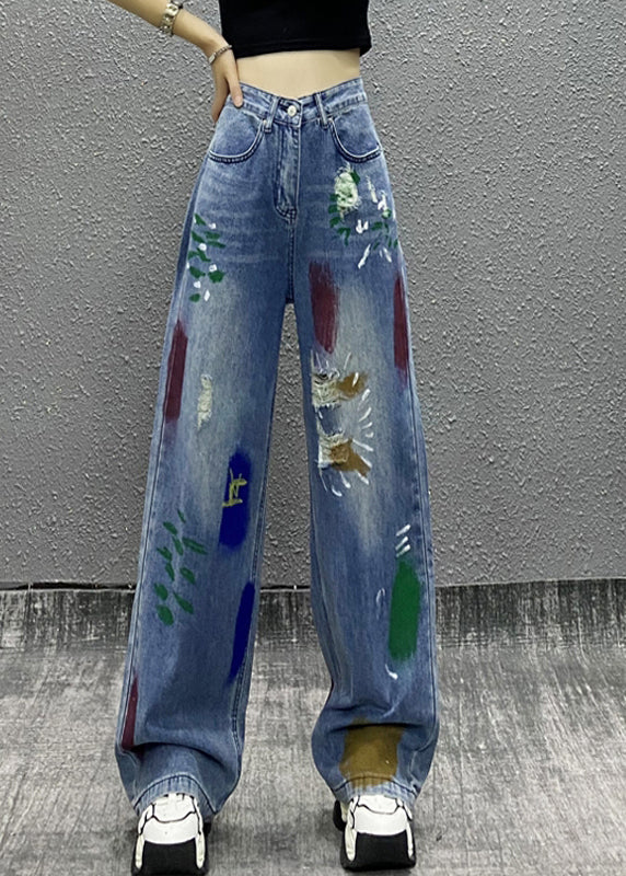 Fashion Blue Paintings Pockets High Waist Denim Wide Leg Pants Spring