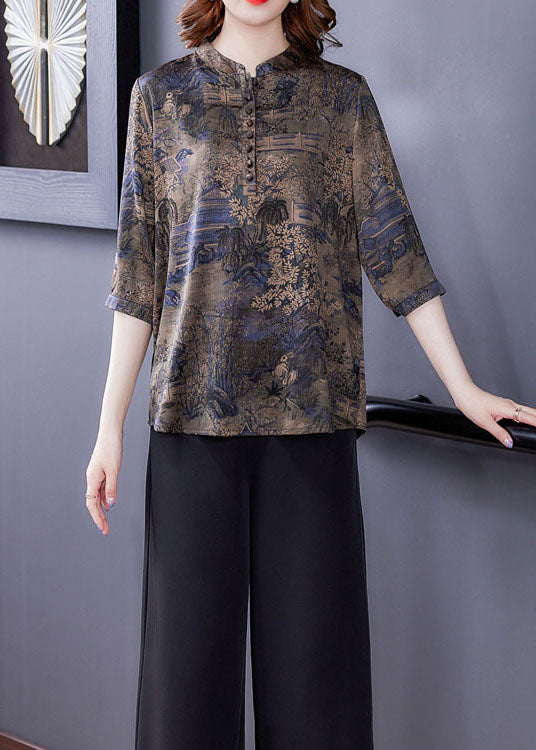 Fashion Blue Patchwork Print Button Silk Blouse Tops Summer