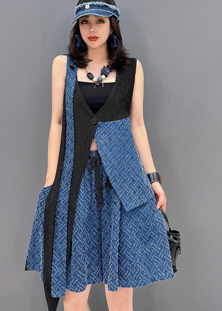 Fashion Blue Patchwork Waistcoat And Shorts Two Pieces Set Sleeveless