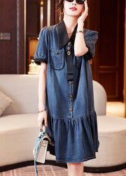 Fashion Blue Peter Pan Collar Patchwork Ruffles Denim Dresses Summer