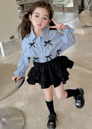 Fashion Blue Peter Pan Collar Striped Bow Kids Shirts And Pleated Skirt Two Pieces Set Long Sleeve