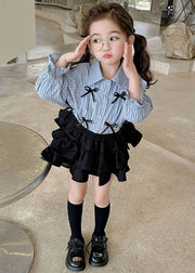 Fashion Blue Peter Pan Collar Striped Bow Kids Shirts And Pleated Skirt Two Pieces Set Long Sleeve