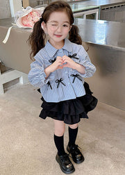 Fashion Blue Peter Pan Collar Striped Bow Kids Shirts And Pleated Skirt Two Pieces Set Long Sleeve