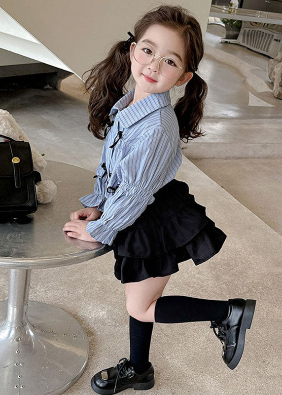 Fashion Blue Peter Pan Collar Striped Bow Kids Shirts And Pleated Skirt Two Pieces Set Long Sleeve