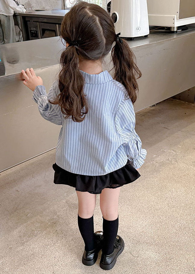 Fashion Blue Peter Pan Collar Striped Bow Kids Shirts And Pleated Skirt Two Pieces Set Long Sleeve