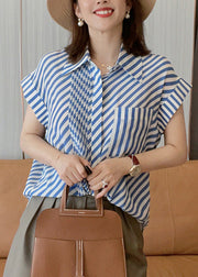 Fashion Blue Peter Pan Collar Striped Button Low High Design Silk Shirts Summer