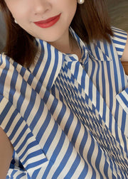 Fashion Blue Peter Pan Collar Striped Button Low High Design Silk Shirts Summer