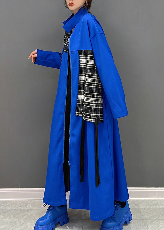 Fashion Blue Peter Pan Collar Zippered Patchwork Tassel Maxi Coat Spring