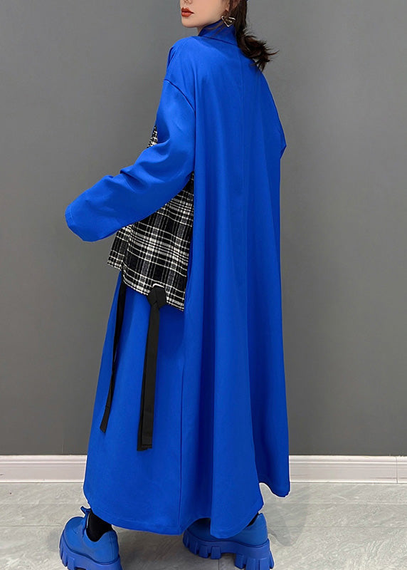 Fashion Blue Peter Pan Collar Zippered Patchwork Tassel Maxi Coat Spring