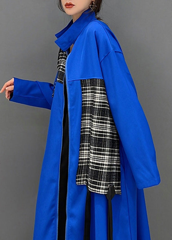 Fashion Blue Peter Pan Collar Zippered Patchwork Tassel Maxi Coat Spring